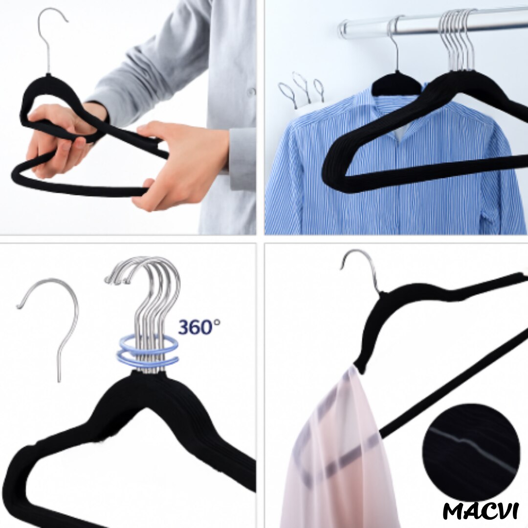 Set 16 Umerase Macvi® Catifea Antialunecare, Slim, cu Bara pentru Pantaloni si Scobituri, Carlig 360°, 44.5x23 cm, Gri/Negru
