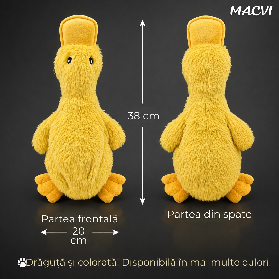 Jucarie interactiva caini Macvi®, rata colorata, 38 x 23 cm, squeaky, anti stres, plus rezistent, pentru joaca si ros, galben