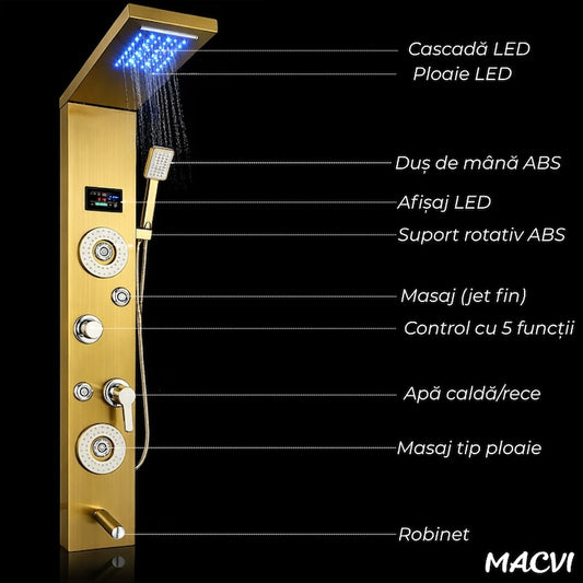 Panou dus Macvi® hidromasaj 5 functii LED digital inox auriu satin 120 cm, afisaj temperatura anticalcar dus tip ploaie cascada, para mobila, jeturi masaj baie, premium