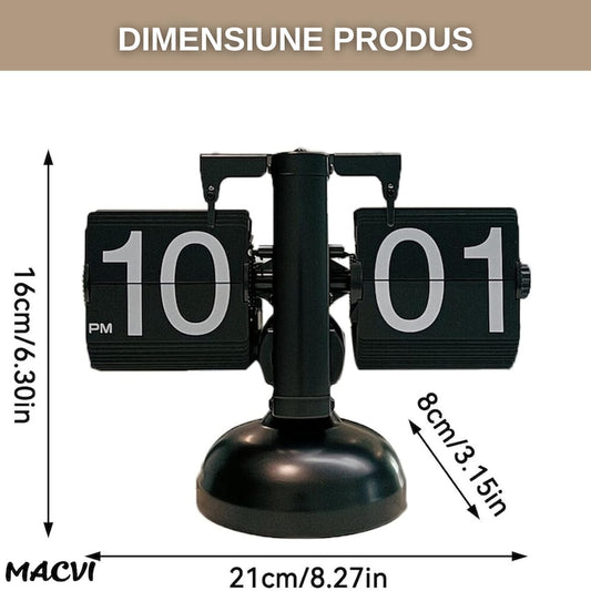 Ceas flip Macvi® retro, numere mari, din otel inoxidabil, alimentat cu baterii, decor pentru living, negru clasic, design vintage, suport de metal