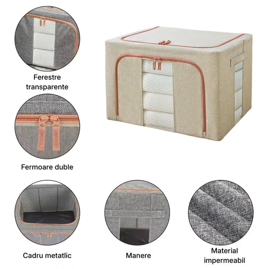 Organizator depozitare Macvi® 100 litri, cutie textila pliabila cu capac si fermoar, panou transparent pentru vizualizare si cadru metalic robust, ideala pentru haine voluminoase si depozitare