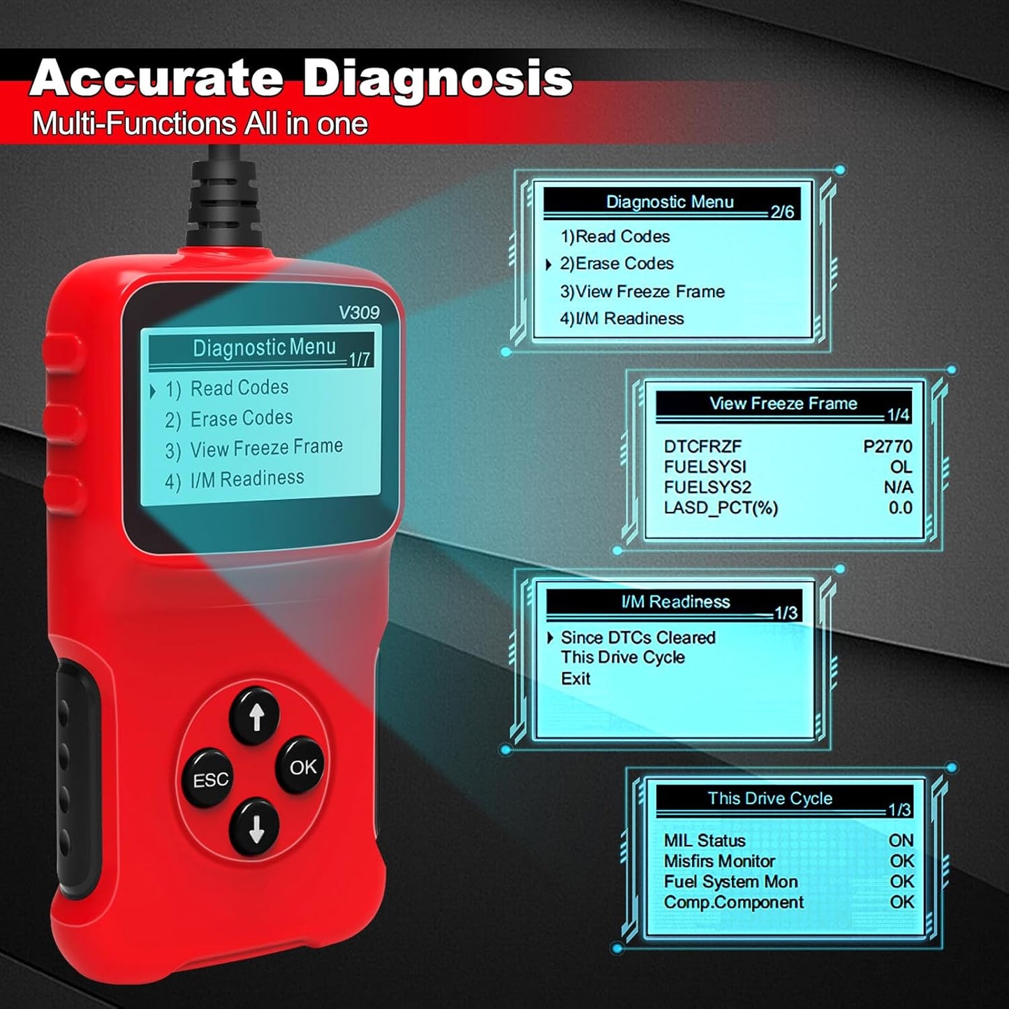 Tester auto MACVI OBD2 V309, citire/sterere coduri DTC, ecran LCD mare, plug and play