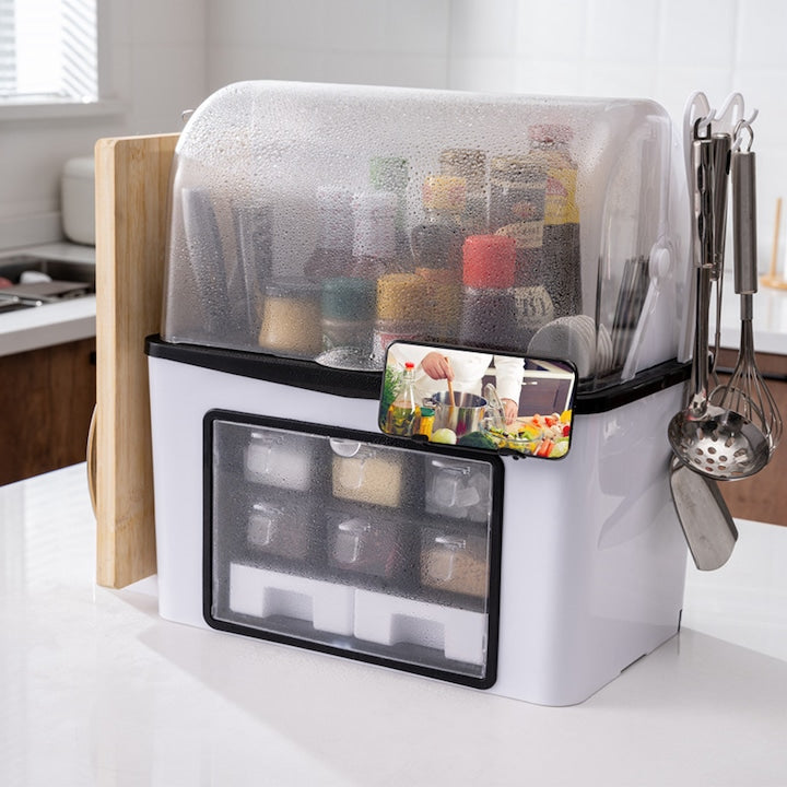 Organizator Multifunctional pentru Bucatarie Teno®, suport sticle, rafturi pentru condimente, cuier pentru ustensile, suport cutite, 46 x 26 x 43 cm, alb