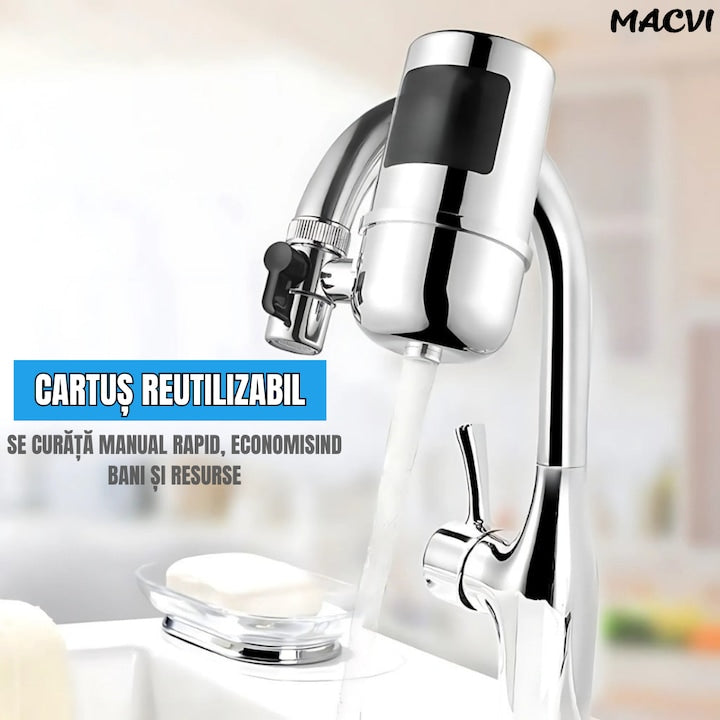 Filtru Apa Macvi® pentru Robinet, Capacitate 50.000L, 7 Etape Filtrare, Cartus Reutilizabil, Elimina Impuritati, Clor si Metale Grele, Montaj Rapid, Argintiu