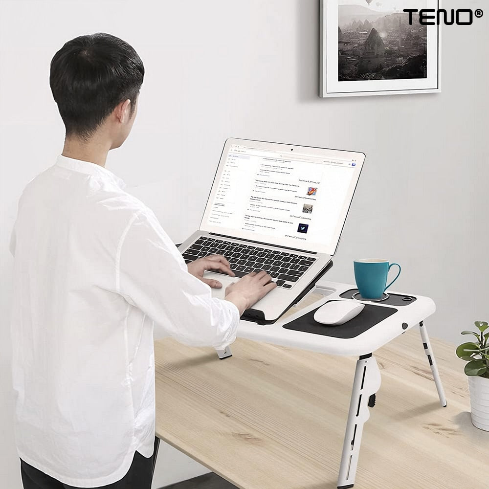 Masuta Universala Teno®, pliabila, pentru laptop/tableta/ mic dejun la pat, sistem cu fante de racire, suport pentru pahar, unghi reglabil, usor de depozitat, alb/negru