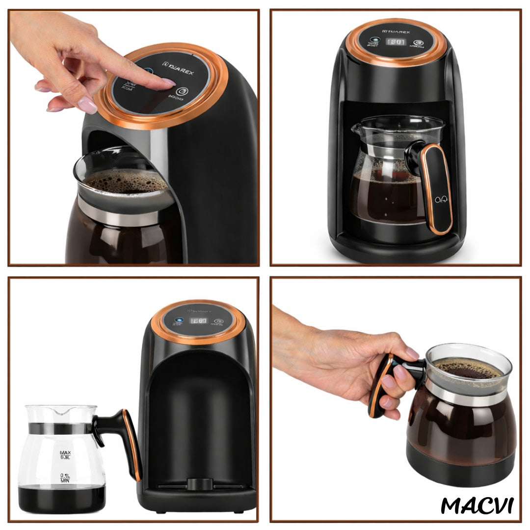 Cafetiera Electrica Macvi® Tip Ibric pentru Cafea Turceasca, 600W, 0, 3L, Display LCD, Negru/Auriu, Multifunctionala
