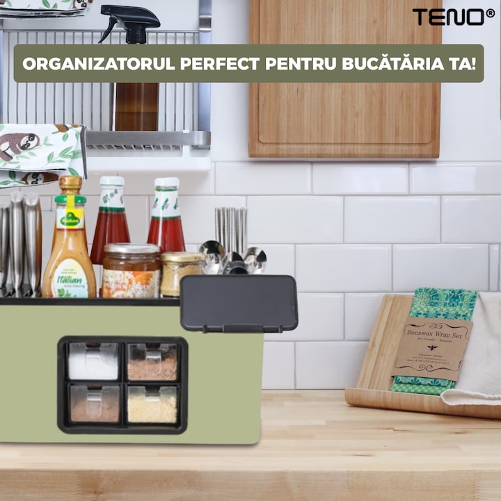 Organizator Multifunctional pentru Bucatarie Teno®, 4 Compartimente, raft condimente, suport detasabil telefon, tavita de scurgere, suport tacamuri/ustensile, verde deschis