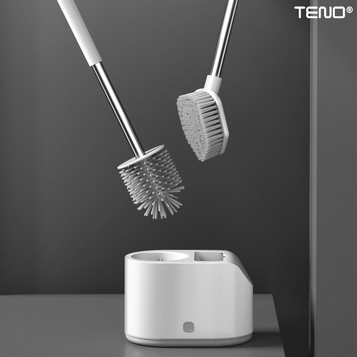 Set 2 Perii pentru Toaleta Teno ®, din silicon, perie zimtata, cap flexibil, suport adeziv pentru montarea pe perete, curata orice tip de suprafata, alb/gri