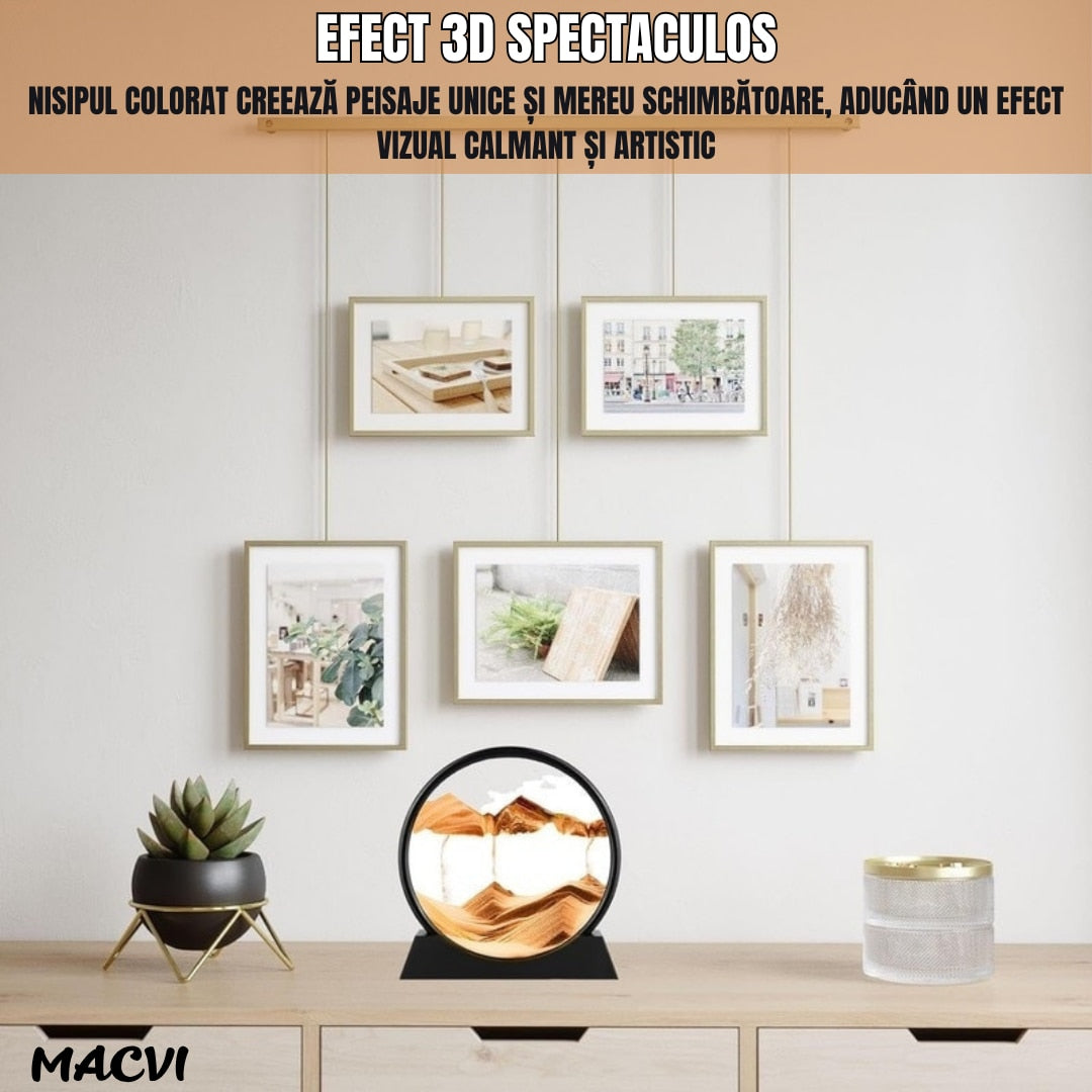 Obiect decorativ Macvi® cu efect 3D din nisip, masa rotativa 360°, baza din plastic, sticla si nisip, 18x19 cm, Galben