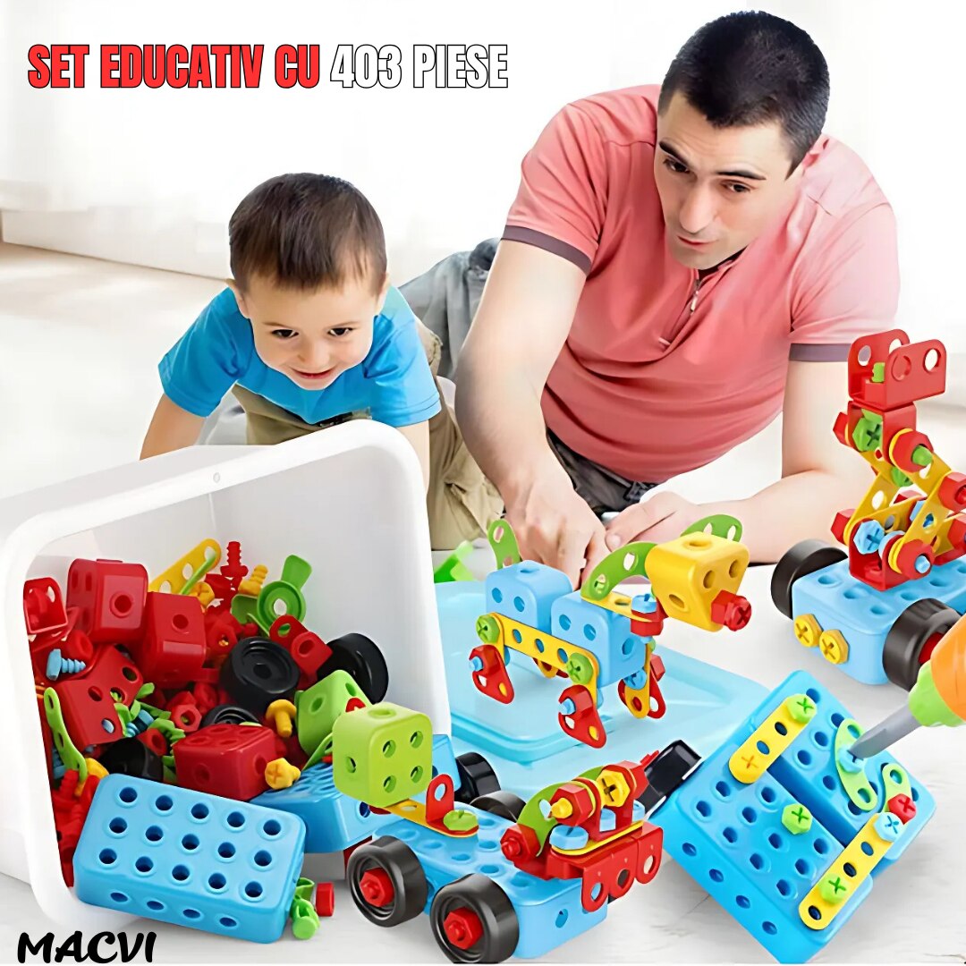 Jucarie educativa si interactiva Macvi® Set Constructie 404 Piese Puzzle 3D STEM, Cu Surubelnita Electrica, Multicolor, Pentru Copii 6+ Ani