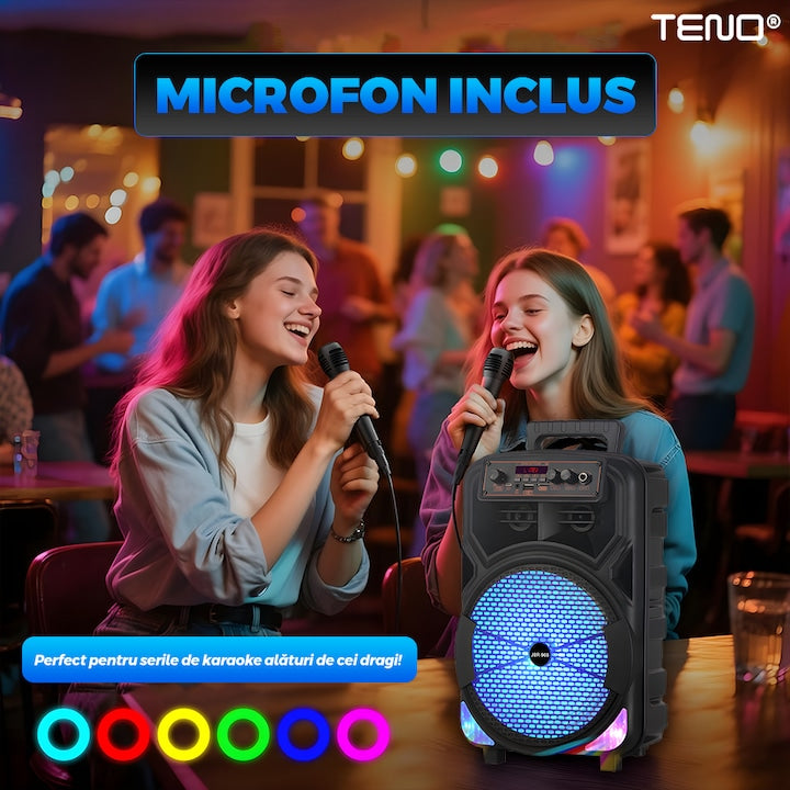Boxa Portabila Teno JBR008, microfon inclus, lumini LED, negru, 1200W
