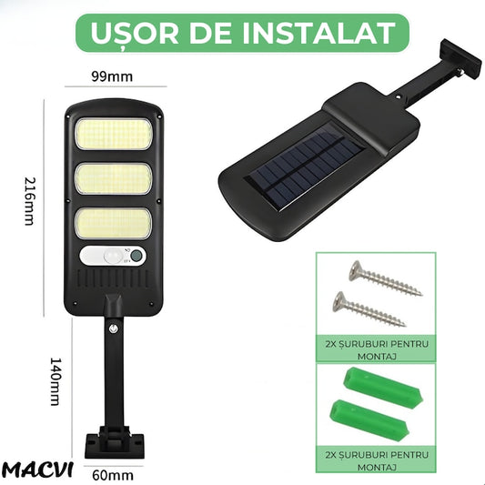 Aplica LED Exterior Macvi® Solara cu 150 COB, Senzor Miscare si Lumina, Panou Solar 1.5W, 2400mAh, IP65, 6500K, Autonomie 6-10 Ore, Unghi Lumina 120°