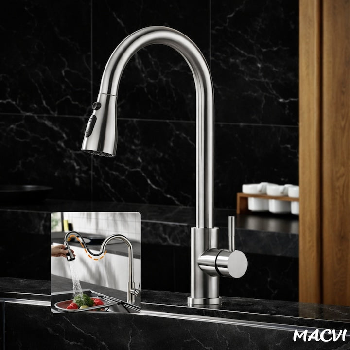 Baterie chiuveta bucatarie Macvi® Premium dus extractabil pipa inalta rotire 360 cartus ceramic 2 functii jet buton ON OFF racorduri incluse inox mat argintiu
