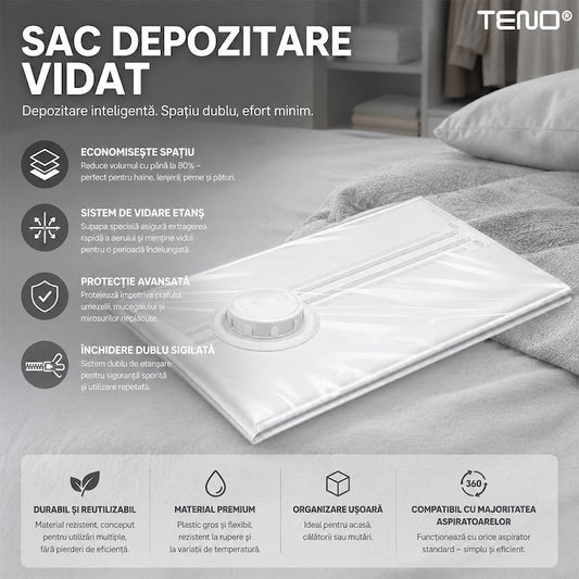 Sac de Vidat Teno®, pentru imbracaminte, pilote, perne, rezistent, valva tripla, materiale calitative, protectie waterproof, reutilizabil, vidare prin vacuum, 60 x 90 cm, alb