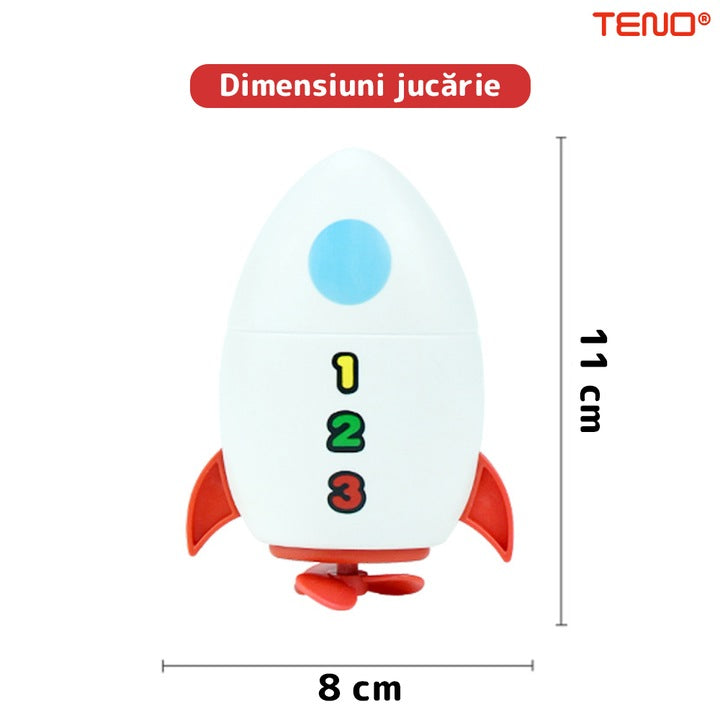Jucarie de Baie pentru Copii Teno®, Racheta Inotatoare, interactiva, fara baterii, mecanism cu cheita, 8x11cm, rosu/alb