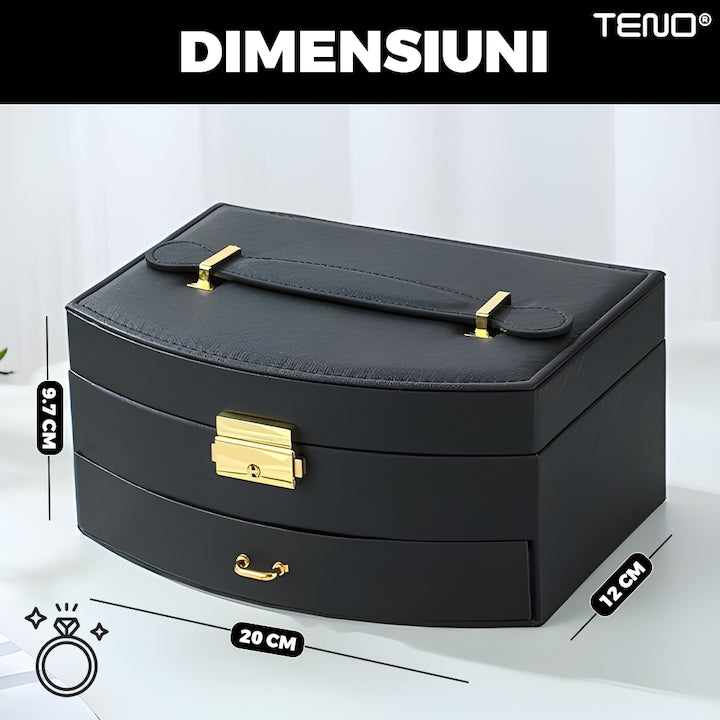 Cutie pentru Bijuterii Teno®, tip geanta, organizare si depozitare, 2 compartimente, captuseala fina, maner de prindere, compartimente inele, bratari, lantisoare, ceasuri, 20 x 12 x 9.7 cm, negru