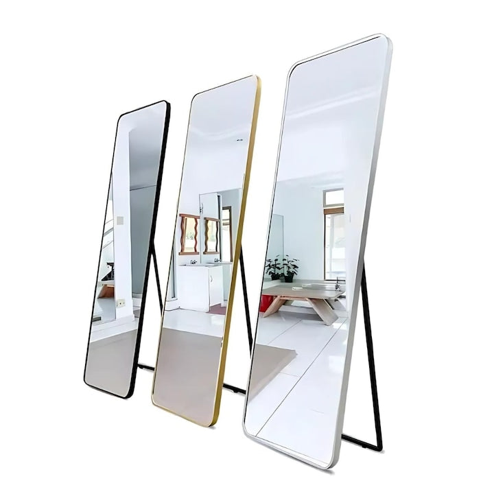 Oglinda de podea Macvi®, rama metalica gold, 150 x 40 cm, colturi rotunjite, eleganta, moderna, montare podea sau perete