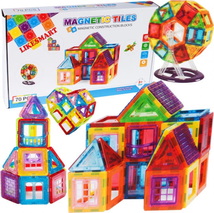 Jucarie constructie magnetica Macvi®, 70 piese, copii 3 ani+, blocuri magnetice educative, dezvolta creativitatea, logica, motricitate, multicolor