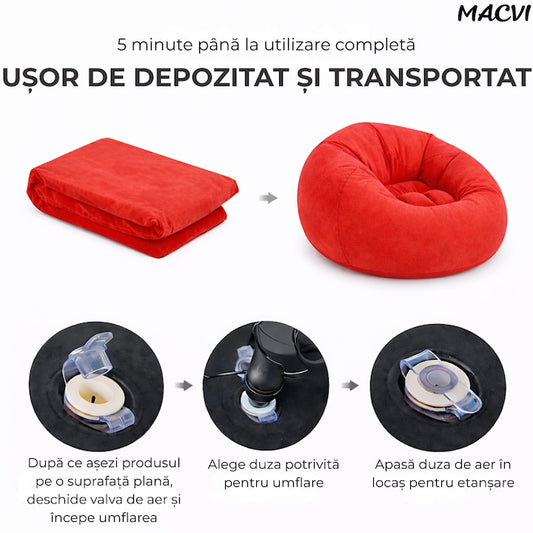 Fotoliu Gonflabil Macvi® Lazy Bag cu pompa inclusa, 110x110x85 cm, Confort Maxim, Portabila, pentru Interior si Exterior, Culoare Rosu