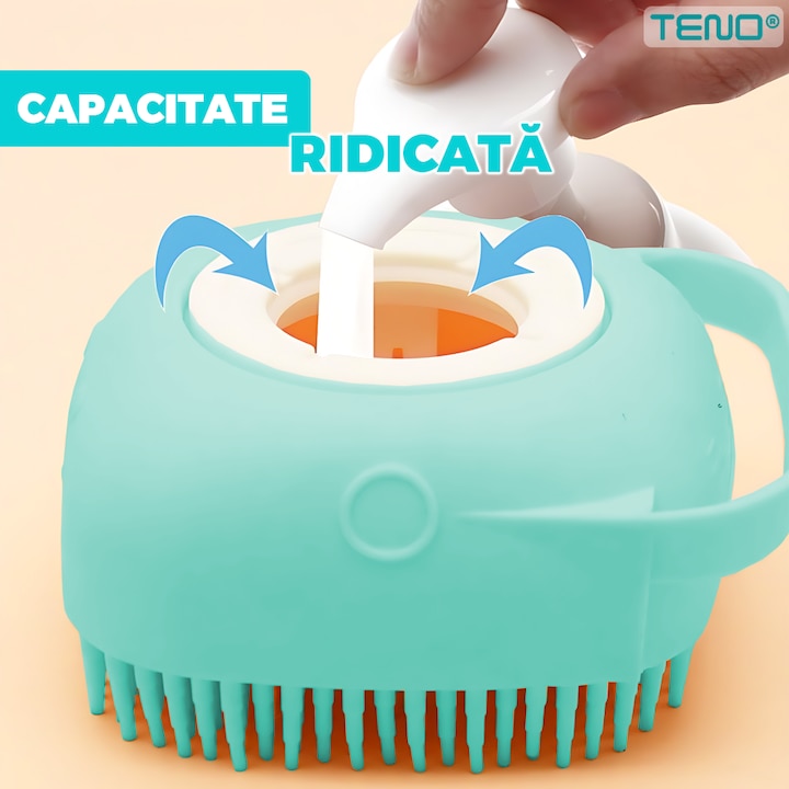 Perie din Silicon cu Dozator Teno®, universala, pentru oameni/animale, curatenia casei si a masinii, capacitate de sapun/sampon ridicata, silicon sigur, peri moi, multifunctionala, reutilizabila, turcoaz