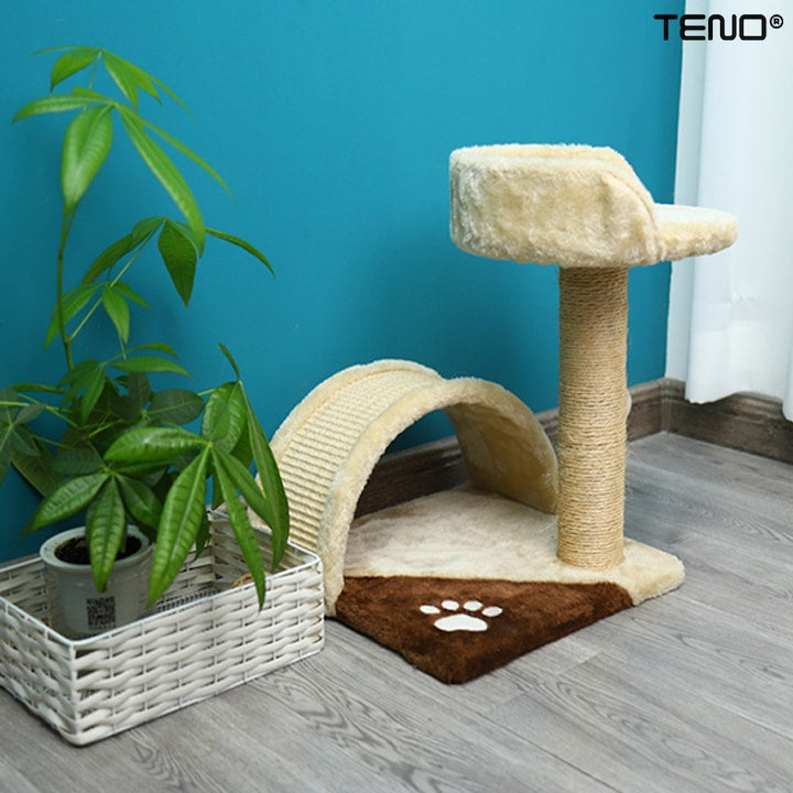 Ansamblu de Joaca pentru Pisici Teno®, 1 nivel, loc de relaxare, franghie si minge de joaca, stalpi pentru zgariat, captuseala extra moale, structura stabila, 42 cm, crem
