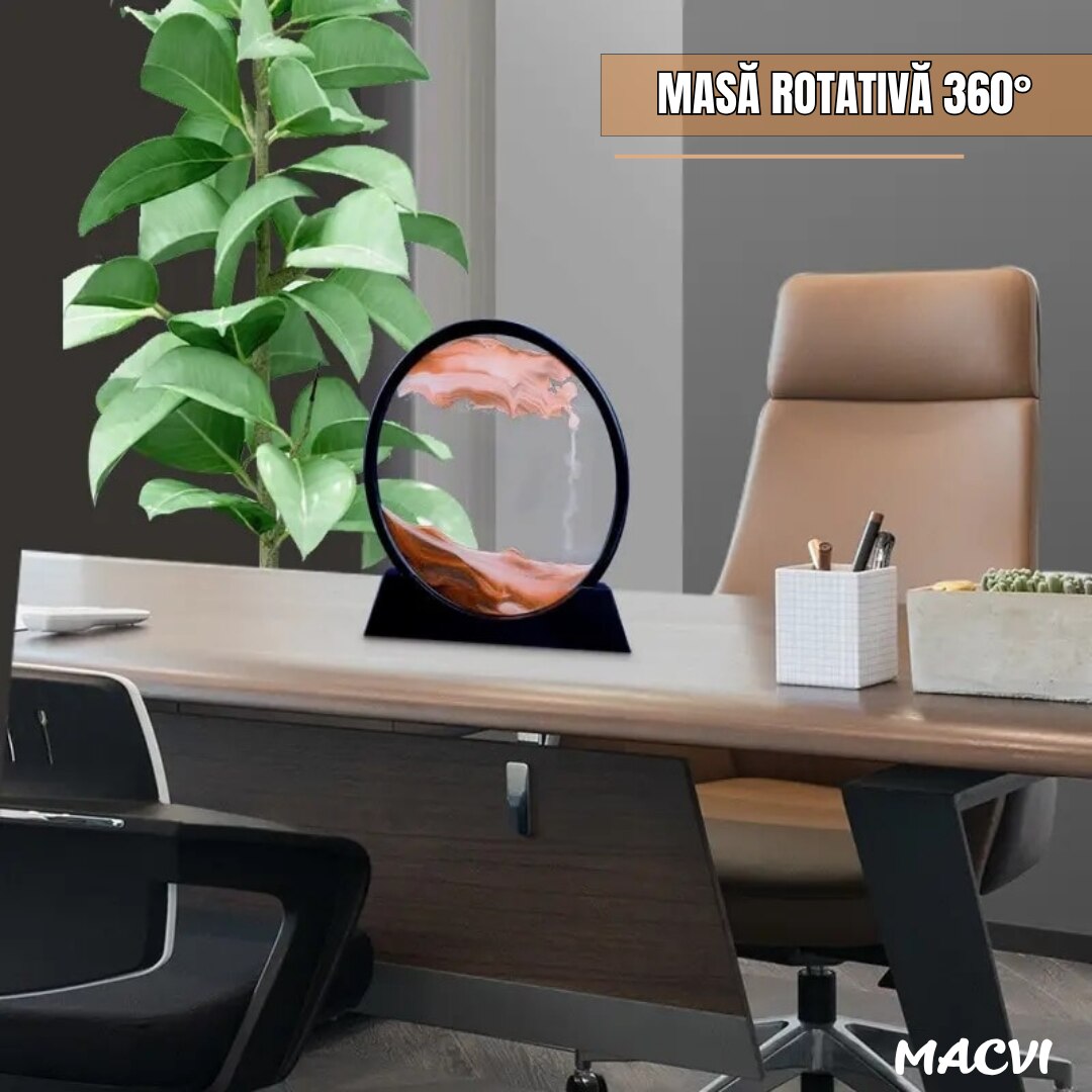 Obiect decorativ Macvi® cu efect 3D din nisip, masa rotativa 360°, baza din plastic, sticla si nisip, 18x19 cm, Rosu