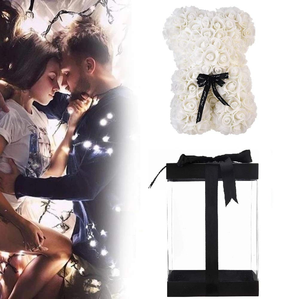 Ursulet din Trandafiri Sapun Macvi® Alb 25 cm in Cutie Transparenta Cadou Romantic