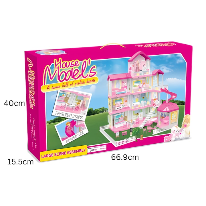 Casuta pentru Papusi Macvi® 4 Etaje 366 Piese cu Mobilier Topogan si Papusa Roz Alb