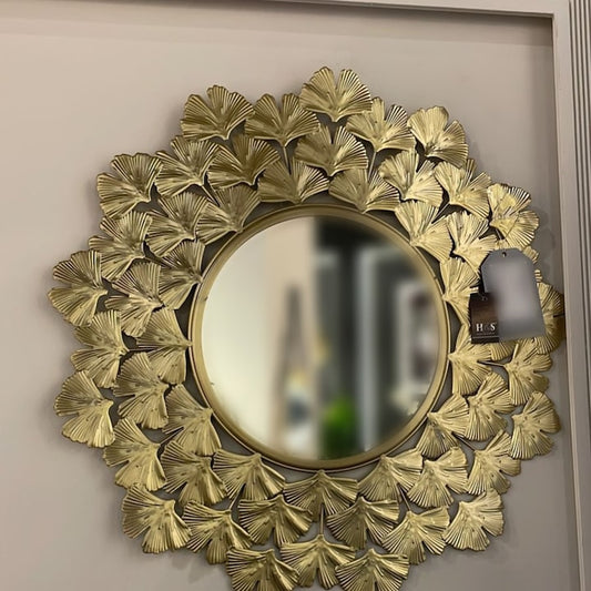Oglinda Decorativa Macvi® cu Rama Metalica Aurie 32 cm Model Frunze Eleganta pentru Living Dormitor Hol