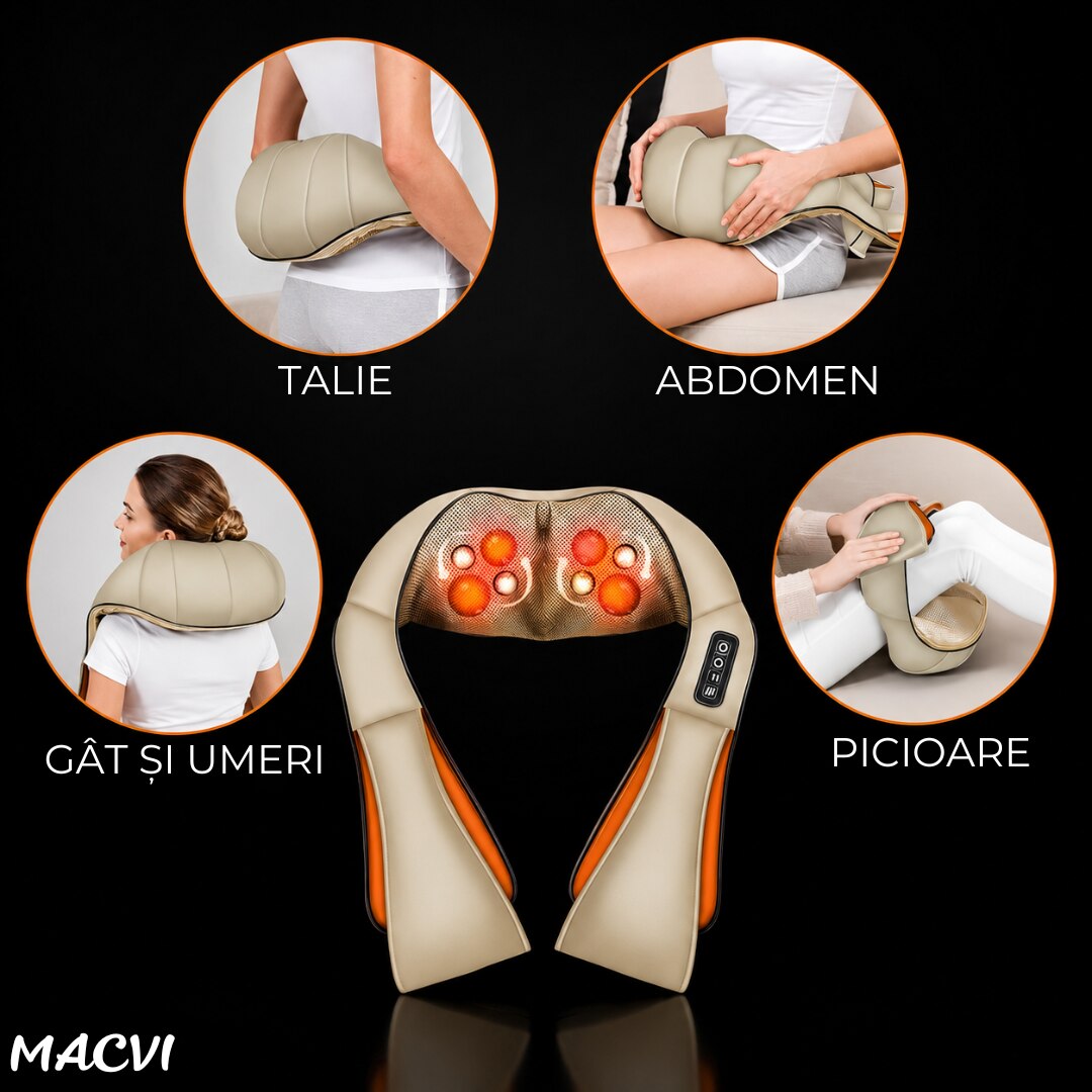 Aparat Masaj Cervical si Umeri Macvi® cu Infrarosu, 8 Noduri Masaj, Incalzire, Rotatie Dubla, 24W, Pentru Gat, Spate si Talie, Bej