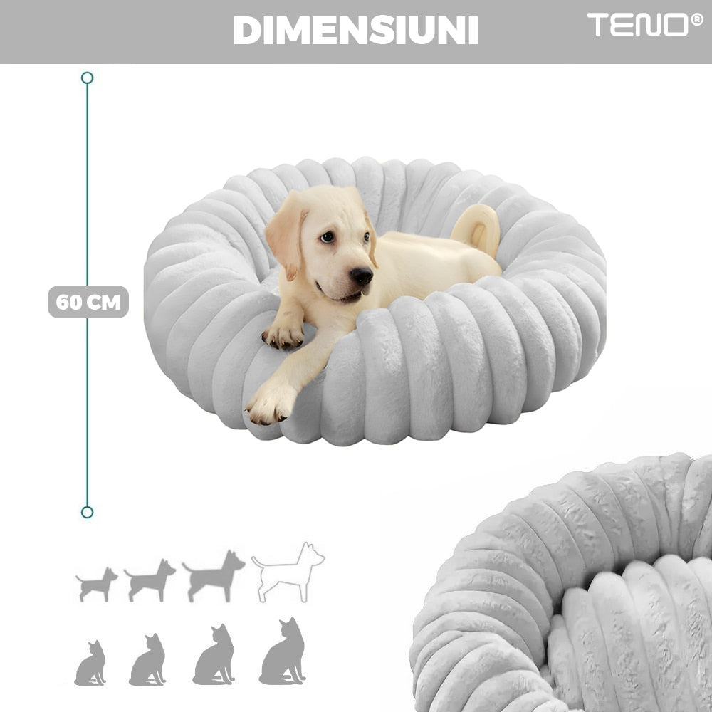 Pat Animale Teno®, captusit, moale, pufos si calduros, pentru caini si pisici, diametru 60 cm, baza anti-alunecare, design dungat, gri