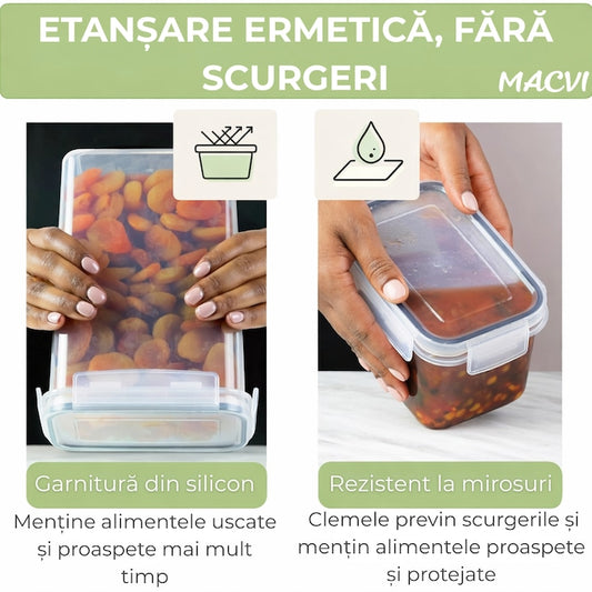 Set 36 organizatoare/recipiente Macvi® pentru depozitare alimentara, etanse, design minimalist, fara BPA, stocabile, cu etichete si lingurite incluse