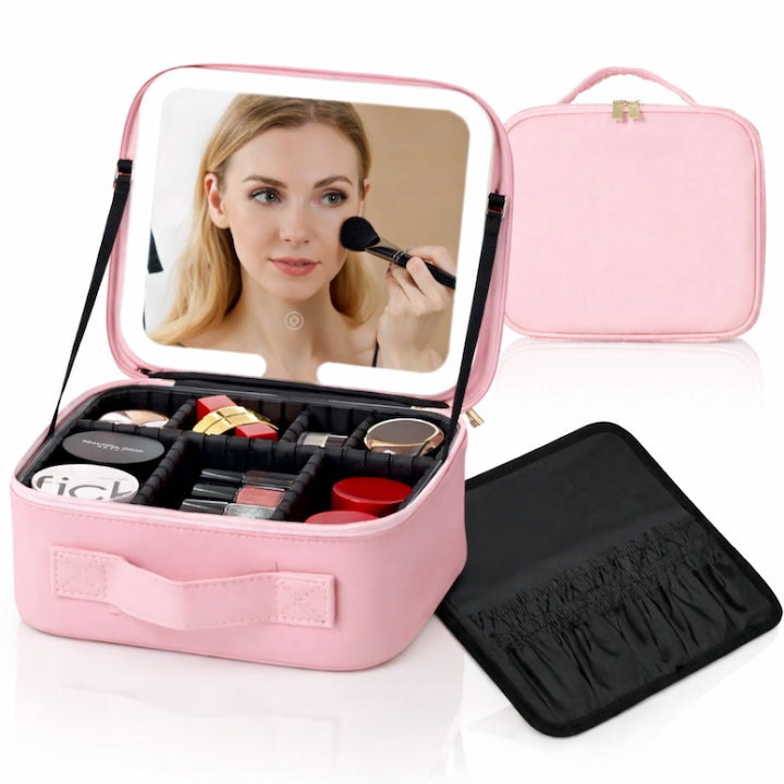 Organizator Machiaj cu Oglinda LED Macvi® 2000mAh, 3 Temperaturi Lumina, 76 LED, Compartimente Reglabile Rotire 360°, Incarcare USB, Geanta Cosmetice Impermeabila, Roz, 27x24x11 cm
