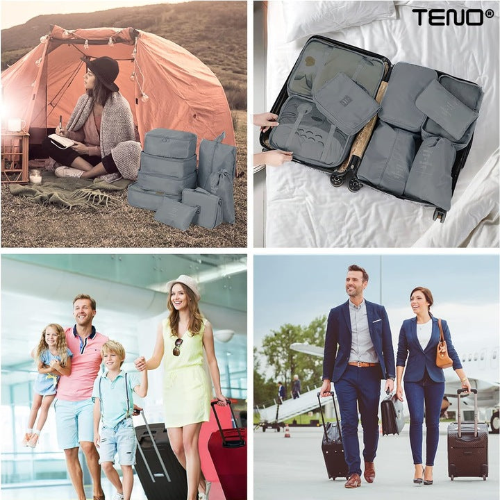 Set 8 Organizatoare Teno®, pentru calatorie, diferite marimi, 3 genti cu plasa, 1 geanta pentru lenjerie, geanta pentru cosmetice, sac pentru hainele murdare, inchidere cu fermoar dublu, plasa, gri