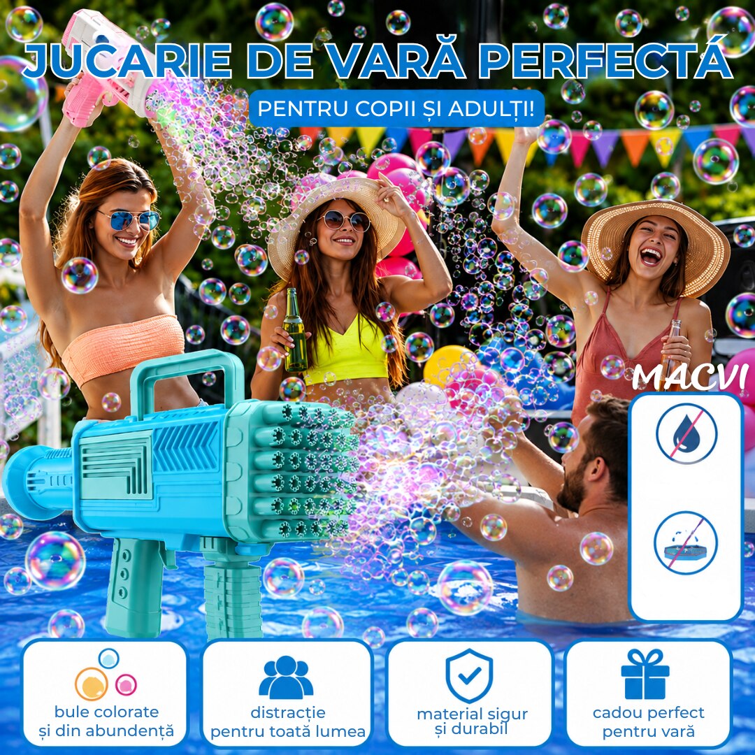 Pistol pentru facut baloane de sapun Macvi® cu 34 de gauri, distractie colorata pentru activitati in aer liber,Albastru