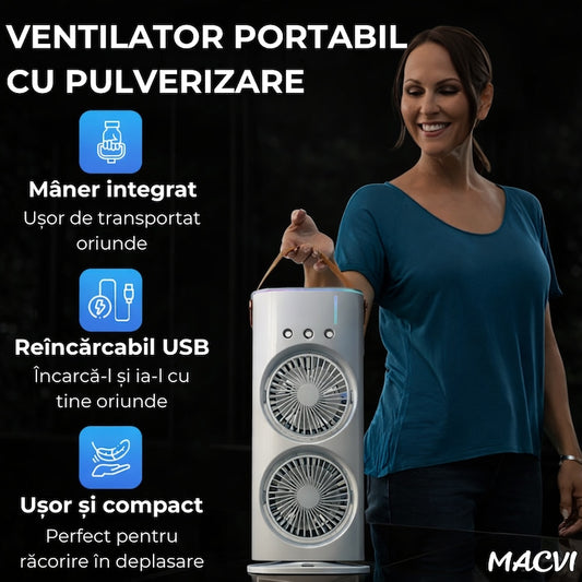 Ventilator Portabil Macvi® cu Pulverizare si Dublu Cap, Sistem de Racire cu Apa, 3 Trepte Viteza, Reglabil 360°, Alimentare USB, Ideal pentru Vara, Birou sau Exterior