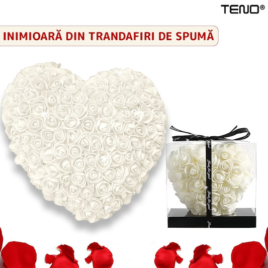 Inimioara din Trandafiri de Spuma Teno®, floral alb, handmade, cutie transparenta, eleganta si naturala, nemuritoare, 17 cm