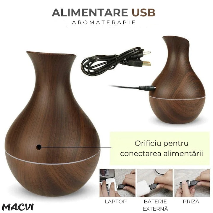 Difuzor Aromaterapie Macvi® cu Umidificator, ultrasunete, forma de vaza, buton touch, maro, LED 7 culori, 130 ml