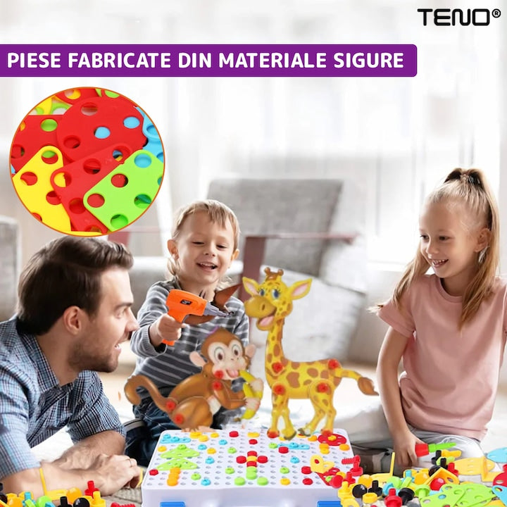 Jucarie Educativa si Interactiva 4in1 Teno®, 198 piese, bormasina pentru inginerie, pentru fete si baieti, manual inclus, puzzle 3D/2D, dezvoltare STEM, montessori, multicolor