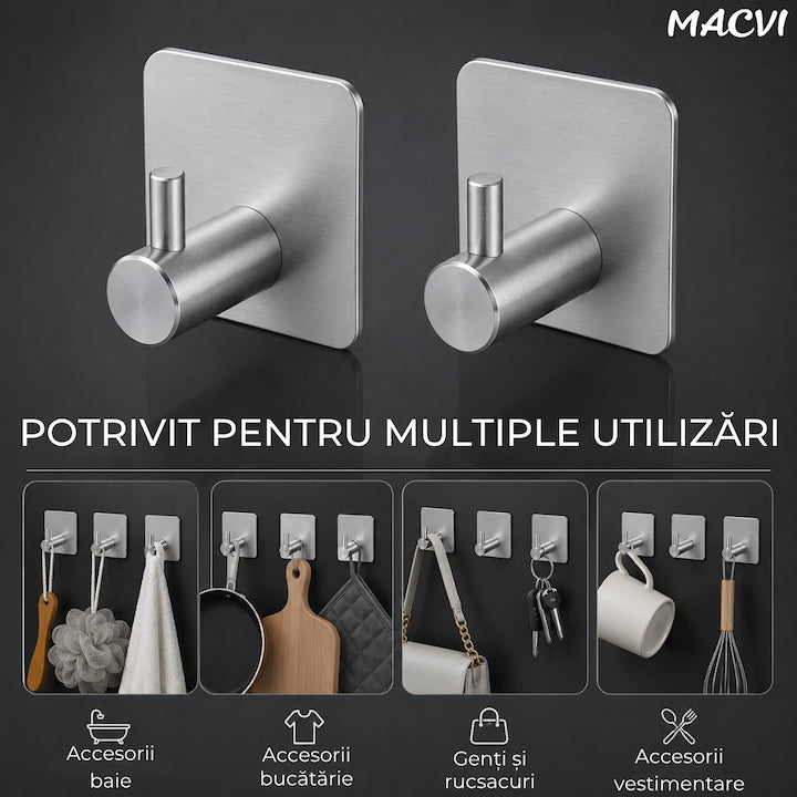 Set 4 cuiere de perete Macvi® din otel inoxidabil, montaj fara gaurire, 4 argintii, rezistente la umiditate, pentru baie si hol