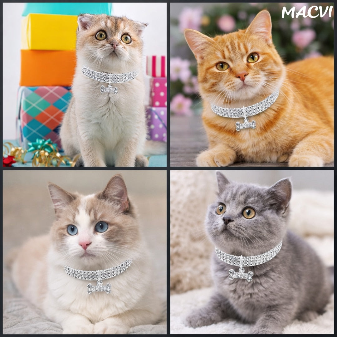 Zgarda pentru caini de talie mica Macvi® cu cristale stralucitoare, design elegant, ajustabila, argintiu