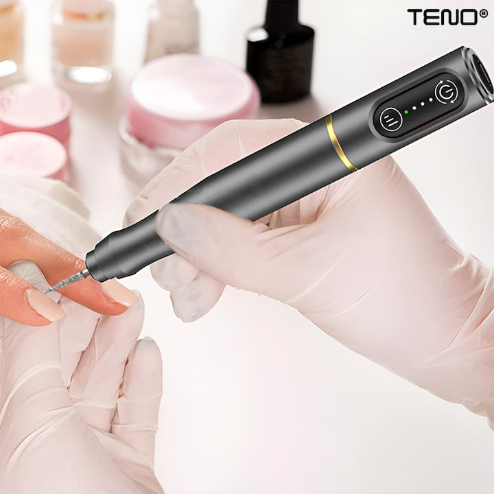 Pila Electrica Profesionala pentru Unghii Teno®, freza wireless, 20000 RPM, indicator LED, manichiura-pedichiura, 6 capete pentru pila, 60 benzi de slefurie, portabila, gri