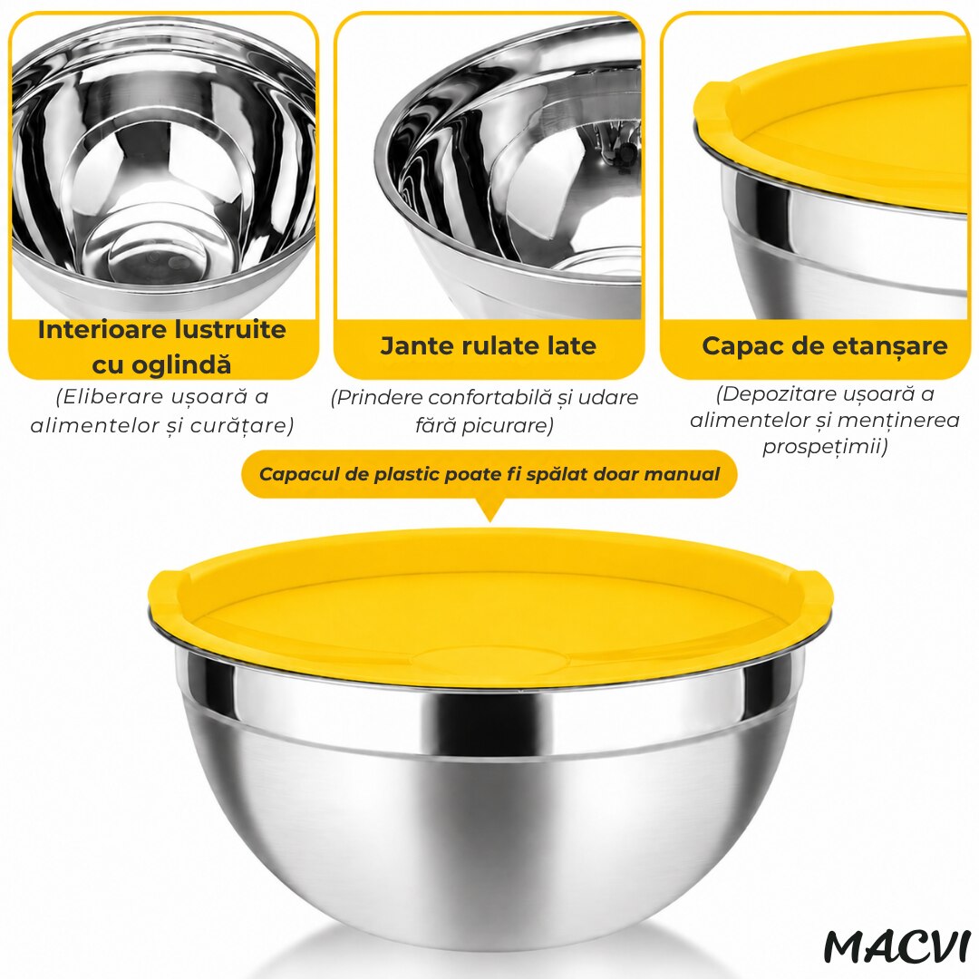 Castron MACVI cu capac, inox, 20 cm, antiderapant, galben