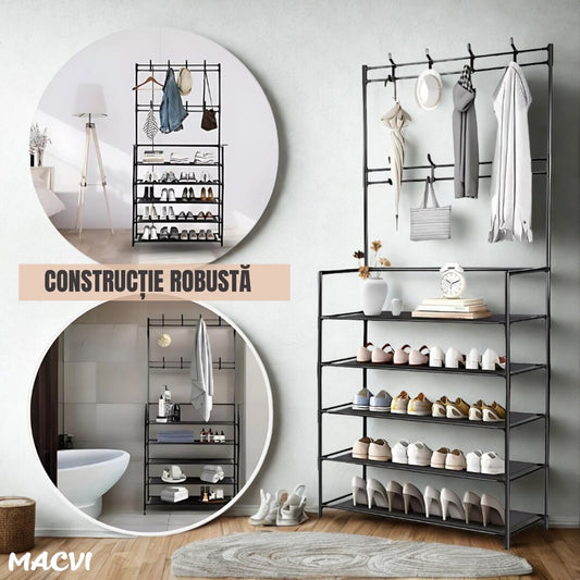 Cuier multifunctional Macvi® pentru haine si incaltaminte, 171x80x26.5 cm, material durabil, design ergonomic si modern, negru