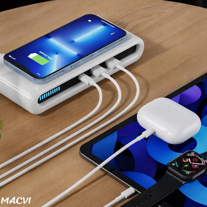 Incarcator fara fir Macvi® 4 in 1 cu conectare USB-C si 2 sloturi USB