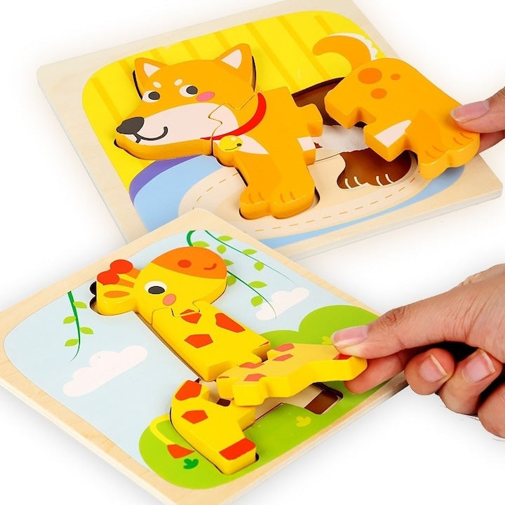 Puzzle Montessori Macvi® din Lemn 3D pentru Copii 0-3 Ani Model Catel Educativ Creativ 3 Piese Multicolor 15x15 cm