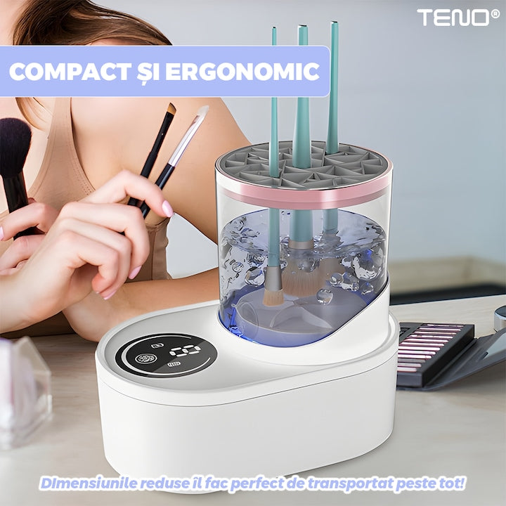 Aparat de Curatat Pensule Machiaj Teno®, curatare ultrasonica, rapid, eficient, dubla utilizare, pentru curatare/uscare, temporizator, alimentare USB, alb