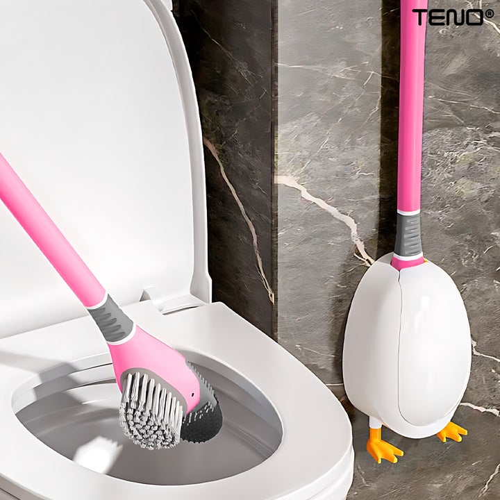 Perie pentru Toaleta Ratusca Teno®, din silicon, model adorabil, carcasa ou, suport adeziv montabil pe orice suprafata, 2 capete, capat cioc din silicon, capat cu peri pentru pete, roz