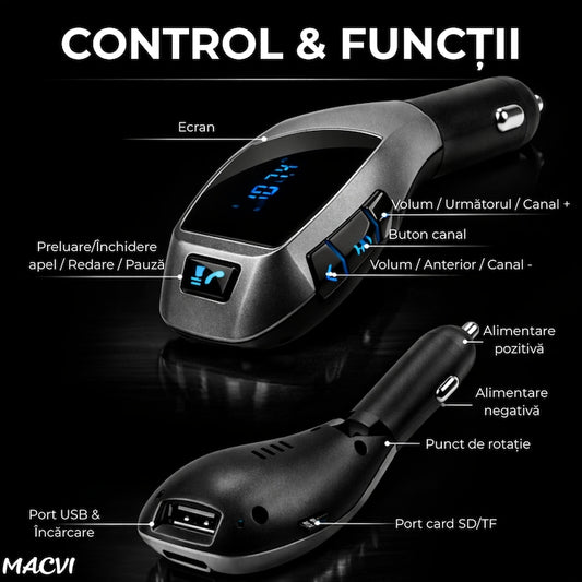Kit Auto Macvi® cu Functie de Modulator FM si Bluetooth, Compatibil cu Dispozitive Mobile, Functie Handsfree