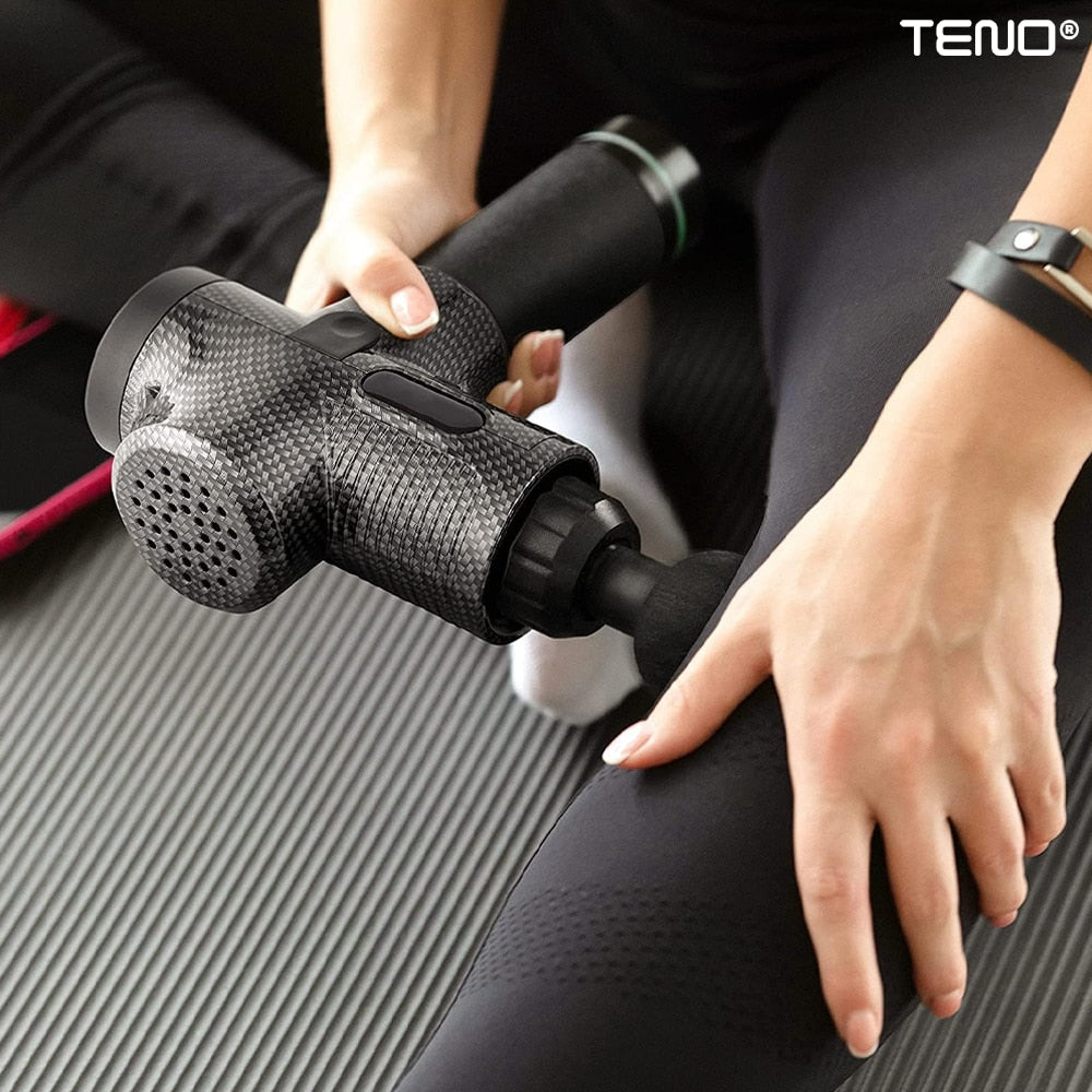 Aparat Profesional pentru Masaj tip Pistol Teno®, 30 viteze, motor silentios fara perii, 3200 percutii, sistem racire, 2500mAh, 6 capete, incarcare rapida, geanta pentru depozitare, negru
